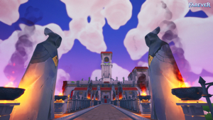 Farever Crystal Mall Rewards castle entrance with glowing torches and a route into the city