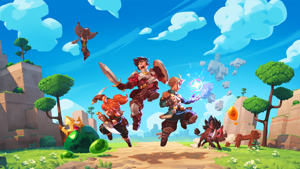 Farever characters jumping through a bright fantasy sky scene for the Farever Guide Hub