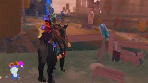 Farever Mounts Guide screenshot showing a player riding a mount near a town bench